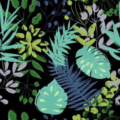Papier peint à motif  modèle sans couture de plantes bleues et vertes sur un fond noir