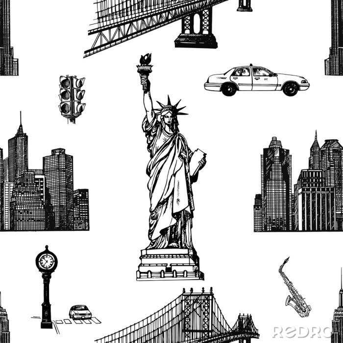 Papier peint à motif  Modèle sans couture de style de croquis dessinés à la main New York sur le thème des objets isolés. Illustration vectorielle