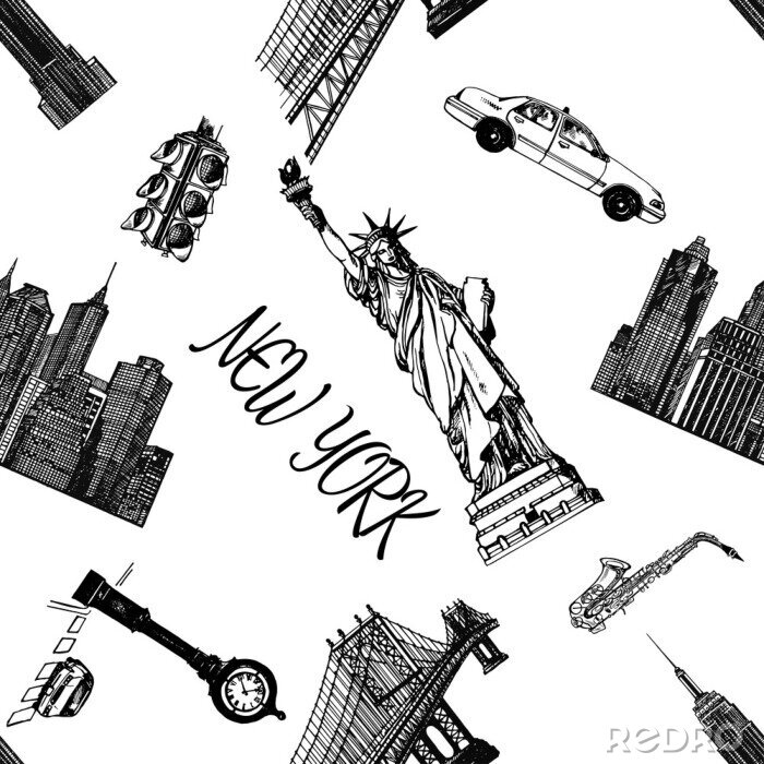 Papier peint à motif  Modèle sans couture de style de croquis dessinés à la main New York sur le thème des objets isolés. Illustration vectorielle