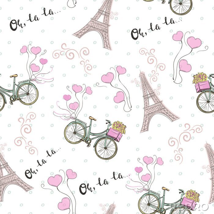 Papier peint à motif  Modèle sans couture de thème Paris avec vélo et tour Eiffel