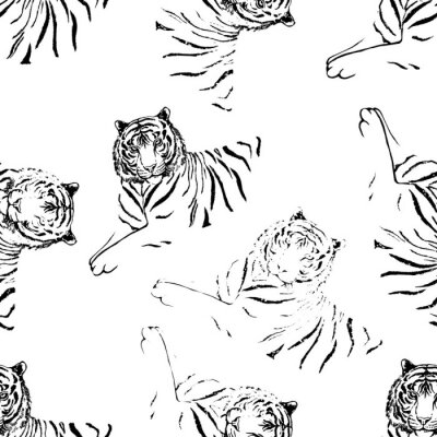 Modèle sans couture de tigres de style croquis dessinés à la main. Illustration vectorielle isolée sur fond blanc.