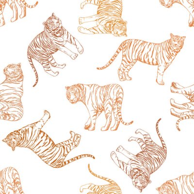 Papier peint à motif  Modèle sans couture de tigres de style croquis dessinés à la main. Illustration vectorielle isolée sur fond blanc