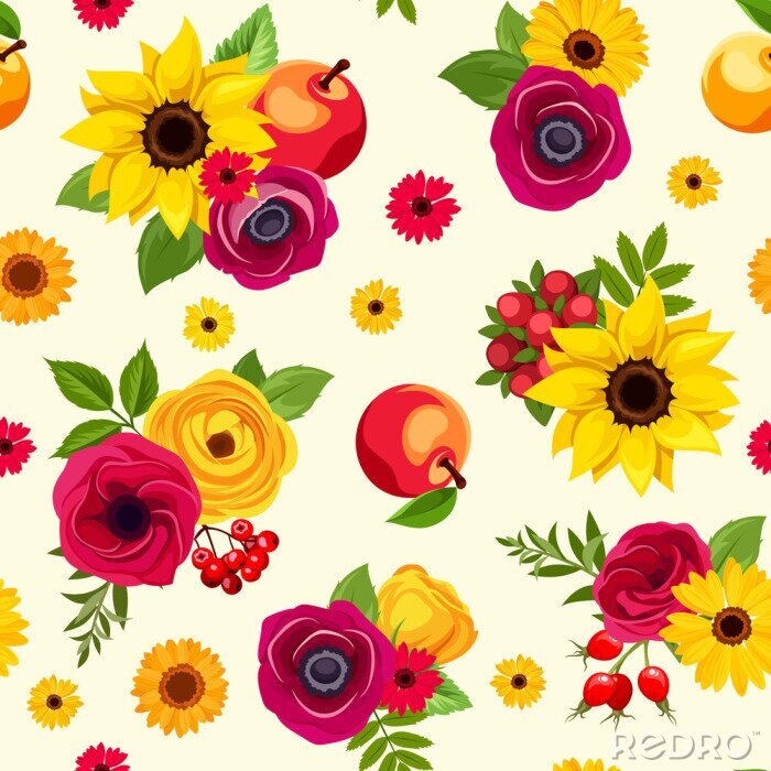 Papier peint à motif  Modèle sans couture de vecteur avec des fleurs d'automne colorés, des pommes et des baies.