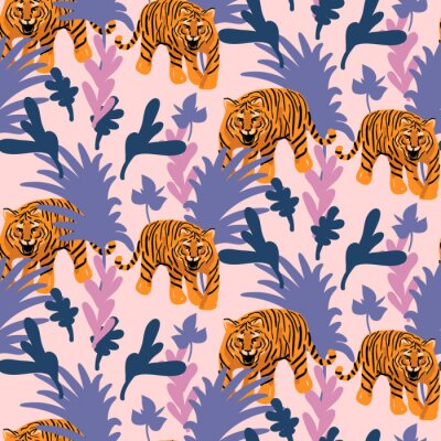 Papier peint à motif  Modèle sans couture de vecteur avec des tigres dans la jungle. Fond tropical rose et violet pour des impressions de tissus et de papiers peints. Rugissant chat sauvage dans les bois.