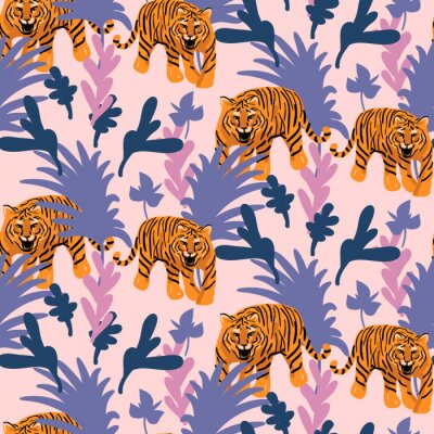 Papier peint à motif  Modèle sans couture de vecteur avec des tigres dans la jungle. Fond tropical rose et violet pour des impressions de tissus et de papiers peints. Rugissant chat sauvage dans les bois.