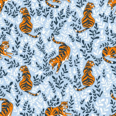 Modèle sans couture de vecteur avec des tigres isolés sur le fond floral. Contexte animal pour la conception de boho tissu ou papier peint.