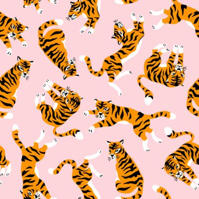Papier peint à motif  Modèle sans couture de vecteur avec des tigres mignons sur le fond rose. Spectacle animalier de cirque. Conception de tissu à la mode.