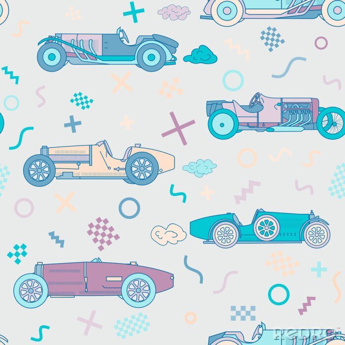 Papier peint à motif  Modèle sans couture de vecteur course voiture rétro sport. Automobiles Vintage isolés sur fond blanc. Memphis Style Pattern