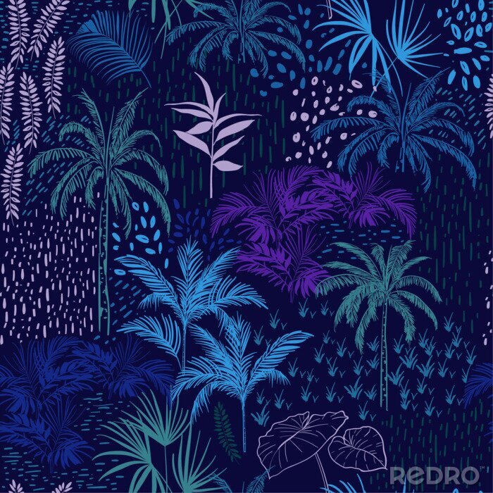 Papier peint à motif  Modèle sans couture de vecteur de forêt bleue monotone pour les impressions tropicales de l'été mélangées avec coloré