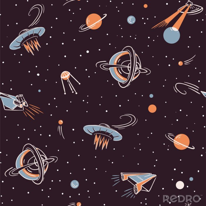 Papier peint à motif  Modèle sans couture de vecteur de l'espace. Conception de tissu d'espace avec des fusées, des planètes, des étoiles et des satellites.