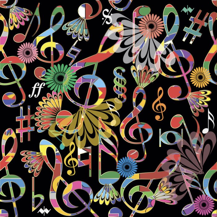 Papier peint à motif  Modèle sans couture de vecteur de notes de musique colorées. Fond de symboles et de signes musicaux. Les clés de sol et les notes de répétition modernes répètent. Art floral. Ornement tendance abstrai
