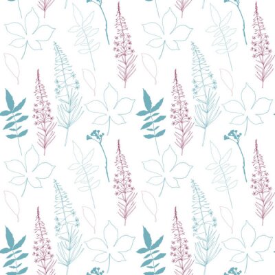Papier peint à motif  Modèle sans couture de vecteur floral avec différentes feuilles dessinées à la main, fleurs sauvages et plantes