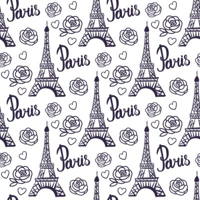 Papier peint à motif  Modèle sans couture de vecteur Paris encre noire Tour Eiffel.