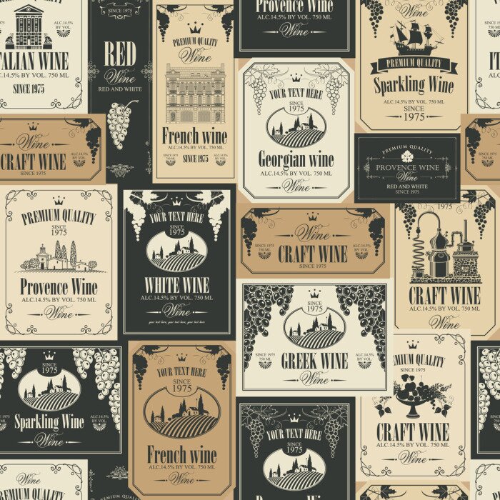 Papier peint à motif  Modèle sans couture de vecteur sur le thème du vin avec différentes étiquettes de vin avec des images de raisins, paysages, vignoble, châteaux, voiliers, fruits et autres dans un style rétro