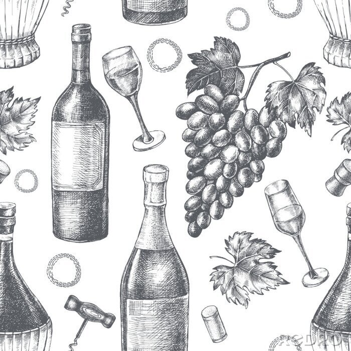 Papier peint à motif  Modèle sans couture décoratif avec des bouteilles de vin, des verres à vin, une grappe de raisin. Main d'encre dessinée illustration vectorielle. Composition d'éléments de boisson pour la conception d