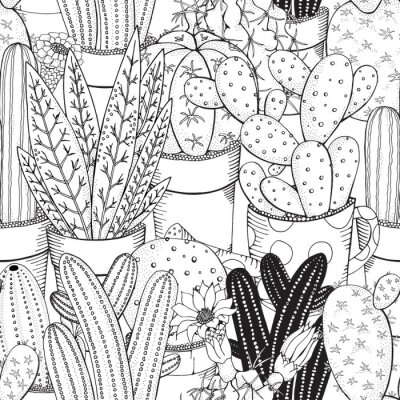 Papier peint à motif  modèle sans couture. Ensemble de cactus. Illustration vectorielle noir et blanc.