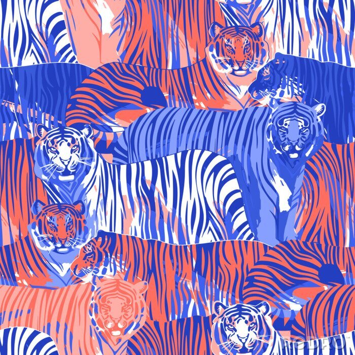 Papier peint à motif  Modèle sans couture graphique de tigres debout et marche.