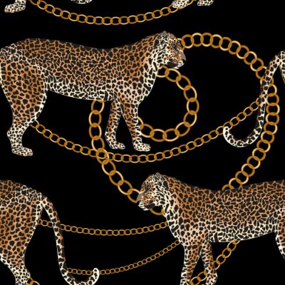 Papier peint à motif  Modèle sans couture léopard. Imprimé peau de tigre avec chaîne en or. Fond animal. Illustration vectorielle