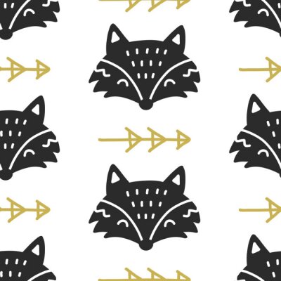 Papier peint à motif  Modèle sans couture nordique scandinave Fox. Toile de fond de décoration populaire art populaire à la main