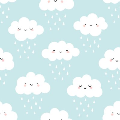 Modèle sans couture nuage dessin animé mignon avec pluie goutte fond, illustration vectorielle