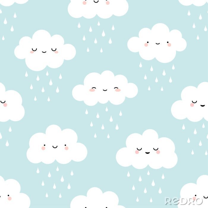 Papier peint à motif  Modèle sans couture nuage dessin animé mignon avec pluie goutte fond, illustration vectorielle