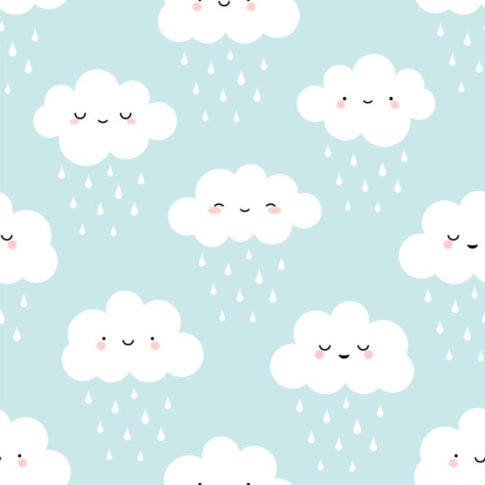 Papier peint à motif  Modèle sans couture nuage dessin animé mignon avec pluie goutte fond, illustration vectorielle