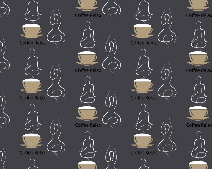 Papier peint à motif  Modèle sans couture Tasse de café à la vapeur avec la silhouette d'un corps en yoga lotus assana. Concept de café et de détente. L'heure du café, pause, repos. EPS10 Vecteur dans le style de café sur 