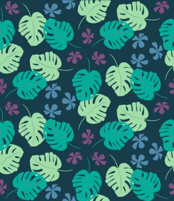 Papier peint à motif  Modèle sans couture tropical avec des feuilles de palmiers exotiques et des fleurs tropicales. Style hawaïen Illustration vectorielle