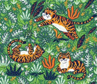 Modèle sans couture tropical avec des tigres drôles en style cartoon. Illustration vectorielle