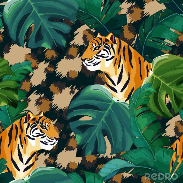 Papier peint à motif  Modèle sans couture tropical avec tigre. Fond animal. Illustration vectorielle