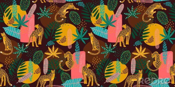 Papier peint à motif  Modèle sans couture Vestor avec des feuilles de léopards et tropicales.