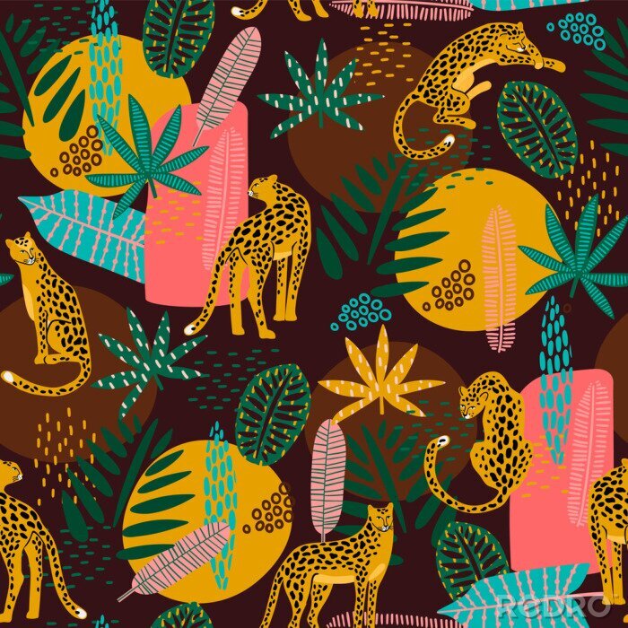 Papier peint à motif  Modèle sans couture Vestor avec des léopards et des feuilles tropicales abstraites.