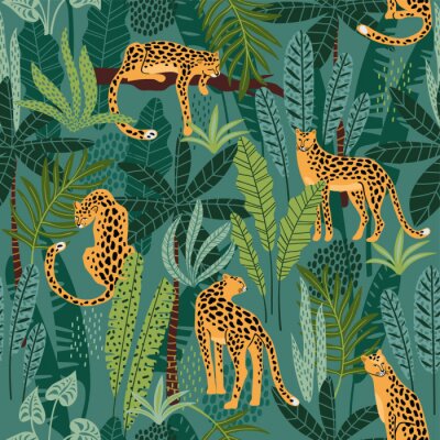 Papier peint à motif  Modèle sans couture vestor avec léopards et feuilles tropicales.