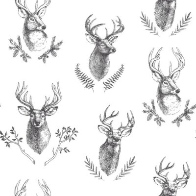 Modèle sans couture vintage de vecteur avec des têtes de cerfs dans des cadres floraux. Texture dessiné à la main avec des portraits d'animaux et des détails botaniques dans le style de gravure. Fond 