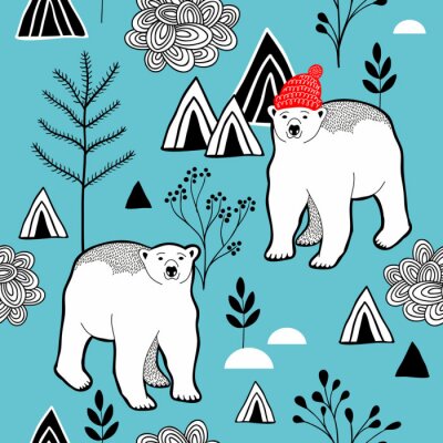 Papier peint à motif  Modèle sans fin avec l'ours polaire dans la chaleur rouge, les montagnes et les plantes.