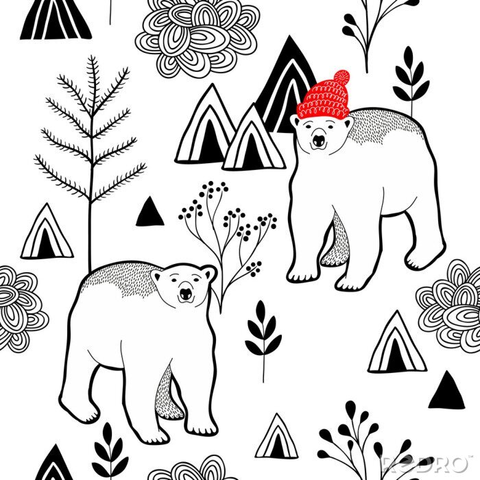 Papier peint à motif  Modèle sans fin avec ours polaire en chaleur rouge dans les montagnes.