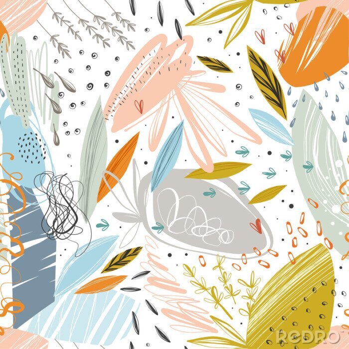 Papier peint à motif  Modèle sans vecteur abstraite avec des textures de gribouillis et des éléments floraux de griffonnage.