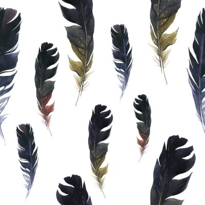Papier peint à motif  Modèle sauvage sans soudure. Fond avec des plumes sur fond blanc. Motif aquarelle naturel. Style Boho.