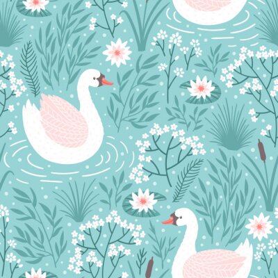 Papier peint à motif  Modèle seamless Vector avec cygne et éléments floraux. Texture répétée avec oiseau.