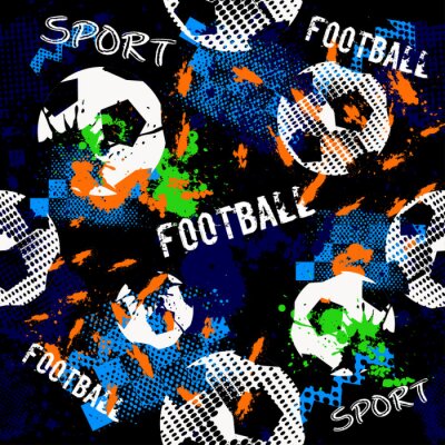 Modèle synthétique sans fin pour les garçons. Modèle de football. Motif urbain grunge avec balle de football. Fond d'écran sport sur fond noir avec des taches multicolores. Motif sportif répété.