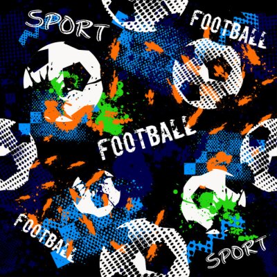 Papier peint à motif  Modèle synthétique sans fin pour les garçons. Modèle de football. Motif urbain grunge avec balle de football. Fond d'écran sport sur fond noir avec des taches multicolores. Motif sportif répété.