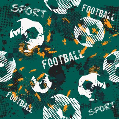 Papier peint à motif  Modèle synthétique sans fin pour les garçons. Modèle de football. Motif urbain grunge avec balle de football. Fond d'écran sport sur fond noir avec des taches multicolores. Motif sportif répété.
