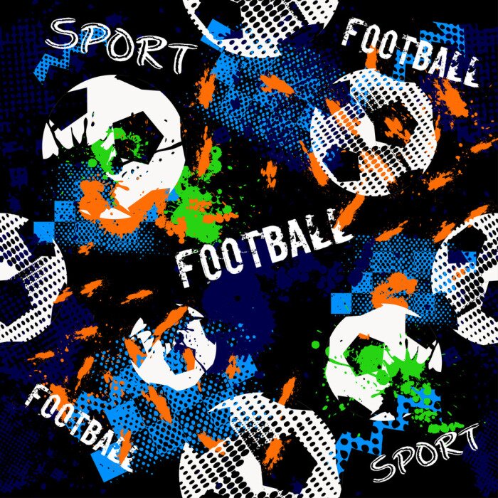 Papier peint à motif  Modèle synthétique sans fin pour les garçons. Modèle de football. Motif urbain grunge avec balle de football. Fond d'écran sport sur fond noir avec des taches multicolores. Motif sportif répété.