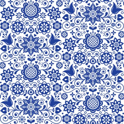 Papier peint à motif  Modèle vector floral sans couture folk art, conception répétitive bleu marine scandinave, ornement nordique avec des fleurs