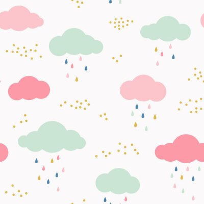 Modèle vectoriel pour les enfants avec des nuages, des gouttes de pluie et des points. Mignon fond scandinave sans soudure en menthe, rose, jaune et gris.