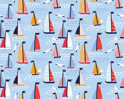 Papier peint à motif  Modèle vectorielle continue avec voiliers dessinés à la main et les mouettes. Fond lumineux d'été pour la conception de tissu.