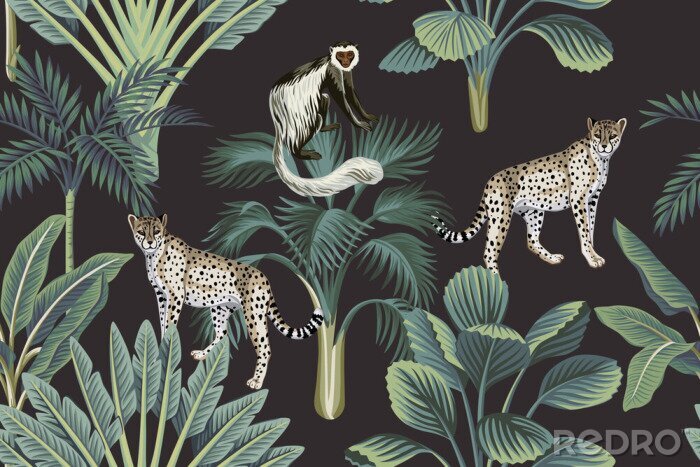 Papier peint à motif  Modèle vintage avec des animaux sauvages dans la jungle