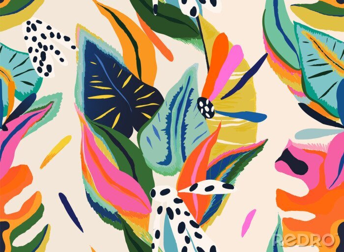 Papier peint à motif  Modern exotic floral jungle pattern. Collage contemporary seamless pattern. Hand drawn cartoon style pattern.