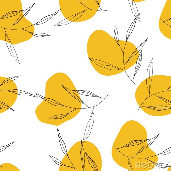 Papier peint à motif  Modern memphis pattern with hand drawn wild leaves on yellow shapes and white background. Geometric seamless print design vector illustration
