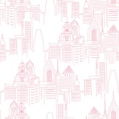 Modern New York city scape in pink colour. Girlish Superhero themed neutral seamless pattern. Vector doodle graphics. Perfect for little girl design like t-shirt textile fabric print birtday party